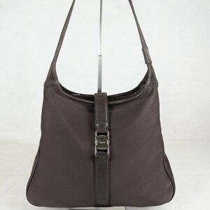 FERRAGAMO Vara Bow Solid Knit Nylon Designer Formal Medium Brown Hobo Charm BAG